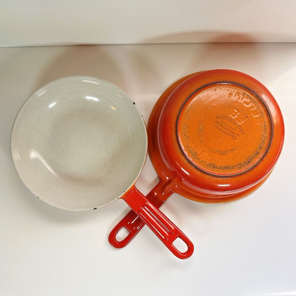 Vintage Descoware Enameled Cast Iron Flame-Orange Saucepan And Skillet-Lid Combo
